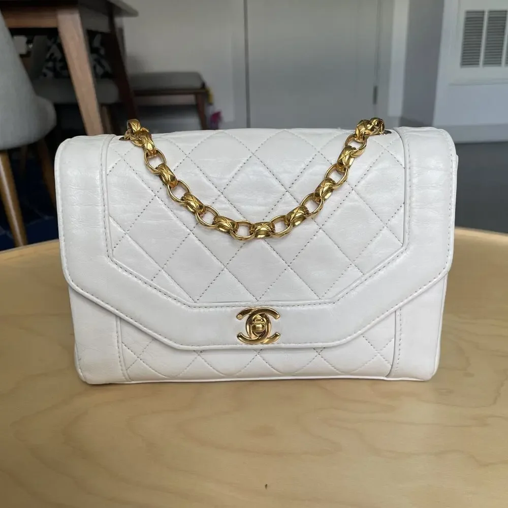 Chanel Diana Small White Leather Flap Bag w/ Gold Shoulder Chain CC Vintage